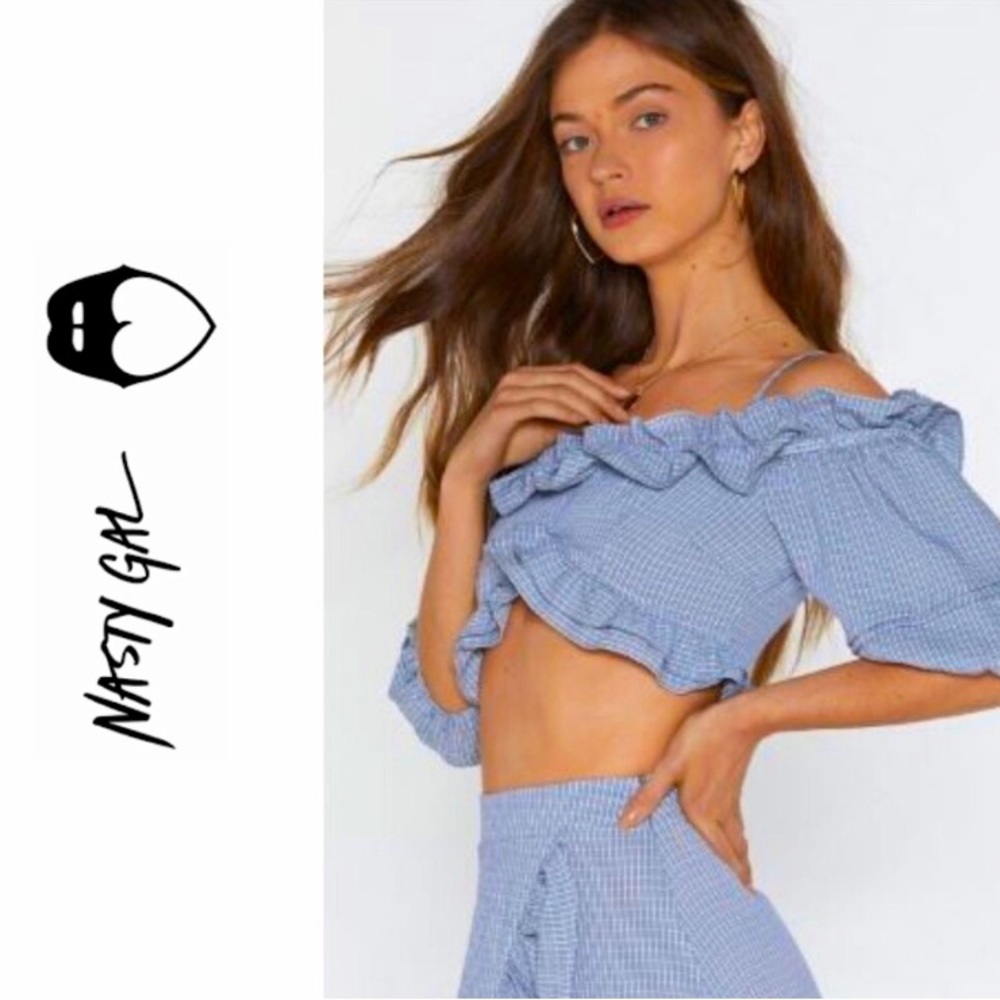 NWT Nasty Gal Baby Blue Ruffled Gingham Cold Shoulder Crop Top - 10 Medium